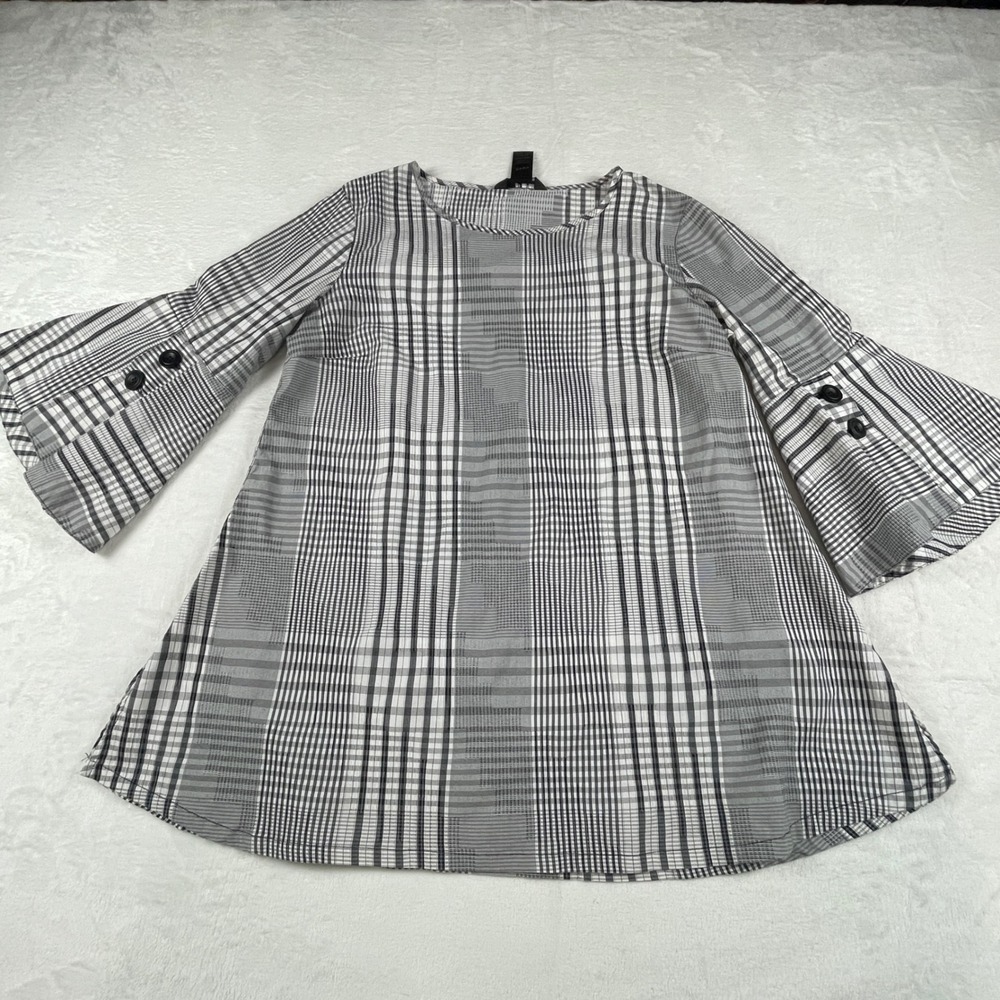 Ali Miles Womens Black White Plaid Bell Sleeve Button Detail Tunic Top Medium
